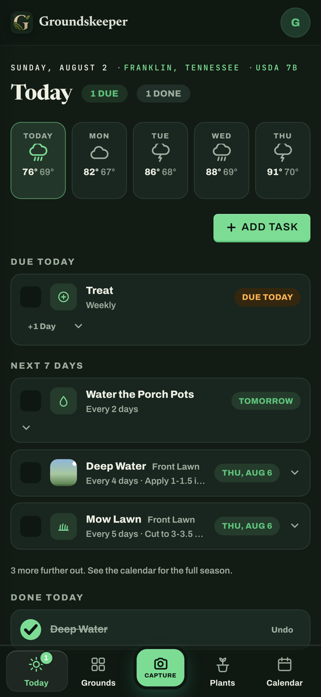 Groundskeeper Today checklist showing due yard tasks