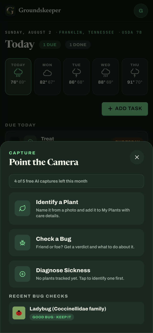 Capture sheet with Identify a Plant, Check a Bug, and Diagnose Sickness