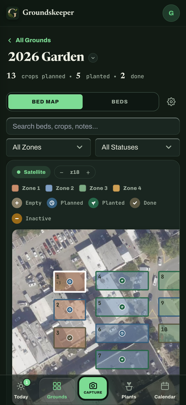 Groundskeeper bed map with a satellite view of the property